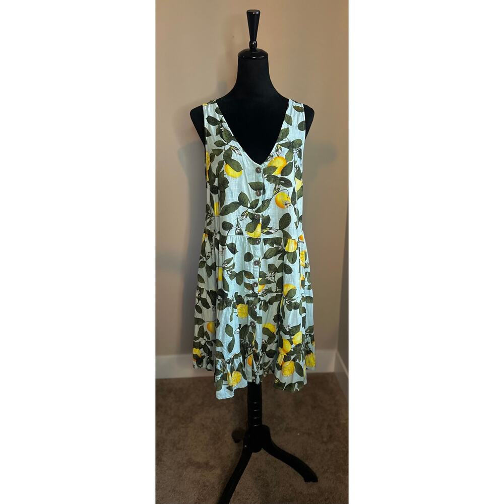 CLEO Sleeveless Linen Blend Lemon Print Button Front Sundress in Blue Size S